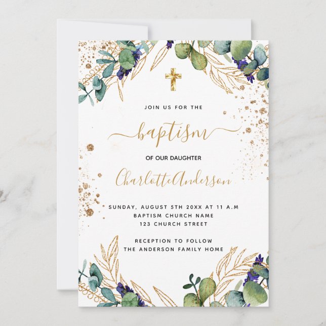 Baptism Eucalyptus greenery guld kor Inbjudningar (Framsida)