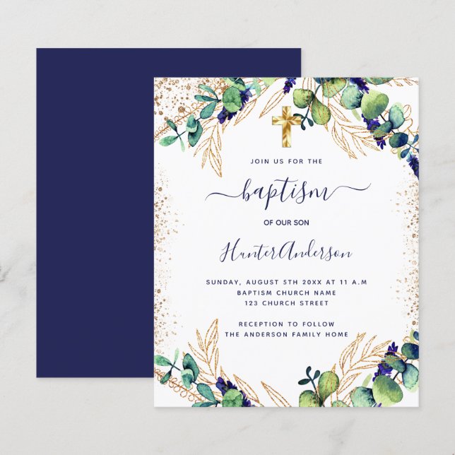 Baptism Eucalyptus greenery navy Blue Inbjudan (Fram/baksida)