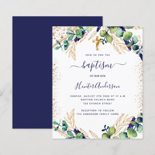 Baptism Eucalyptus greenery navy Blue Inbjudan
