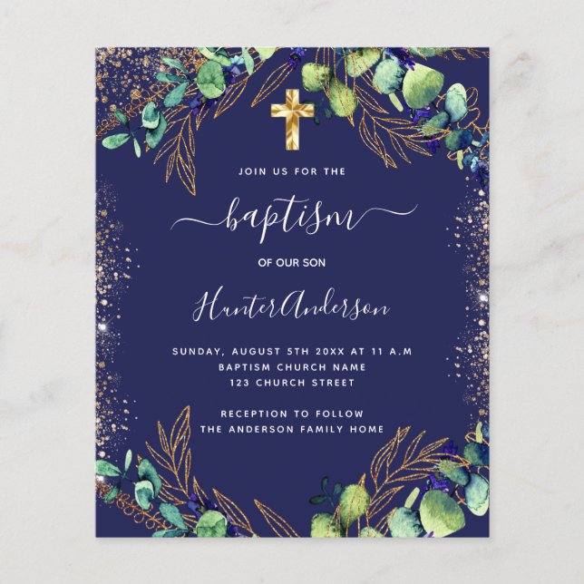 Baptism Eucalyptus greenery navy Blue Inbjudan (Framsida)