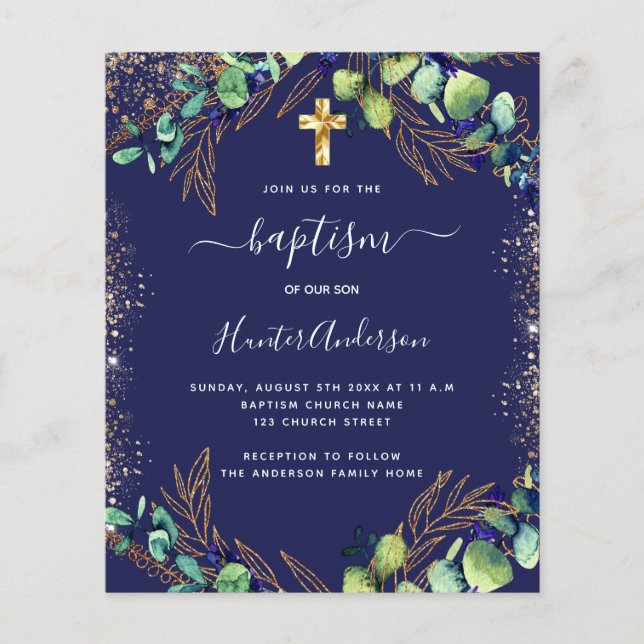 Baptism Eucalyptus greenery navy Blue Inbjudan Flygblad (Framsidan)