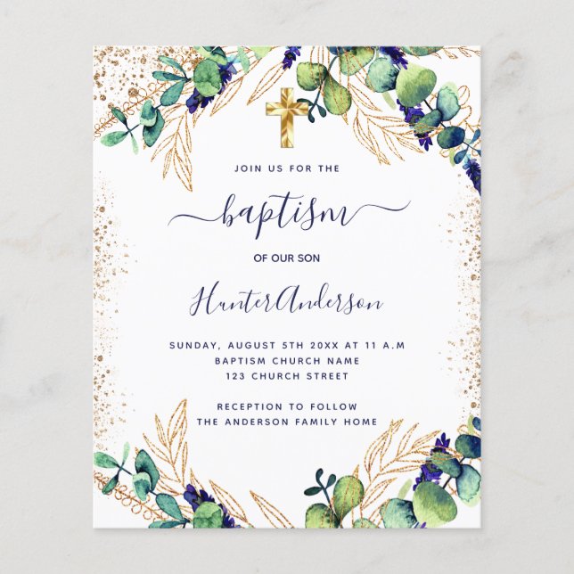 Baptism Eucalyptus greenery navy Blue Inbjudan Flygblad (Framsidan)