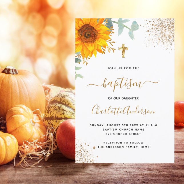 Baptism Eucalyptus grenery solros guld kor Inbjudningar (Skapare uppladdad)