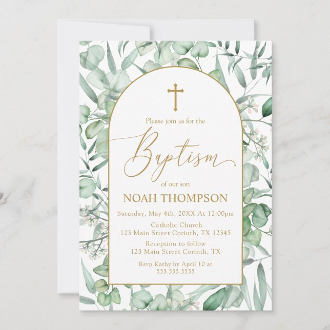 Baptism Eucalyptus leaves Invitation Inbjudningar (Framsida)