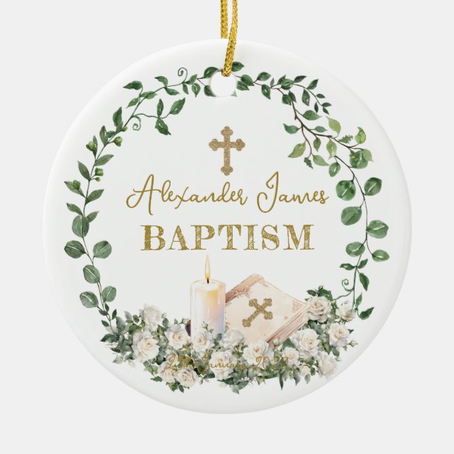 Baptism Eucalyptus Roses Cross Photo Julgransprydnad Keramik (Framsidan)