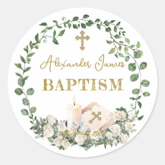 Baptism Eucalyptus Roses Cross  Runt Klistermärke