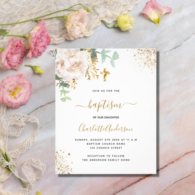 Baptism eucalyptus vit blommigt budgetinbjudan flygblad (Skapare uppladdad)