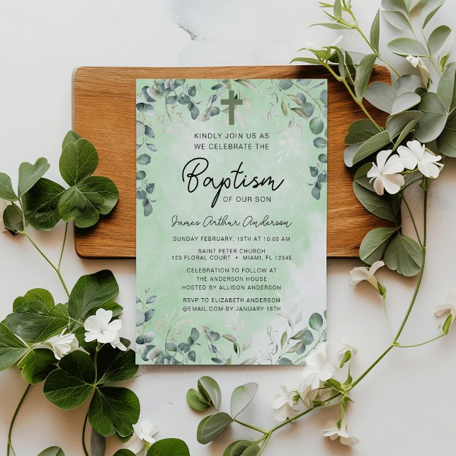 Baptism Eucalyptus Watercolor Greenery Inbjudningar (Elegant Botanical Baptism Eucalyptus Watercolor Christening Greenery Invitation)