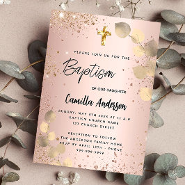 Baptism eukalyptus guld glitter inbjudan vykort