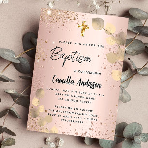 Baptism  eukalyptus guld glitter inbjudan vykort