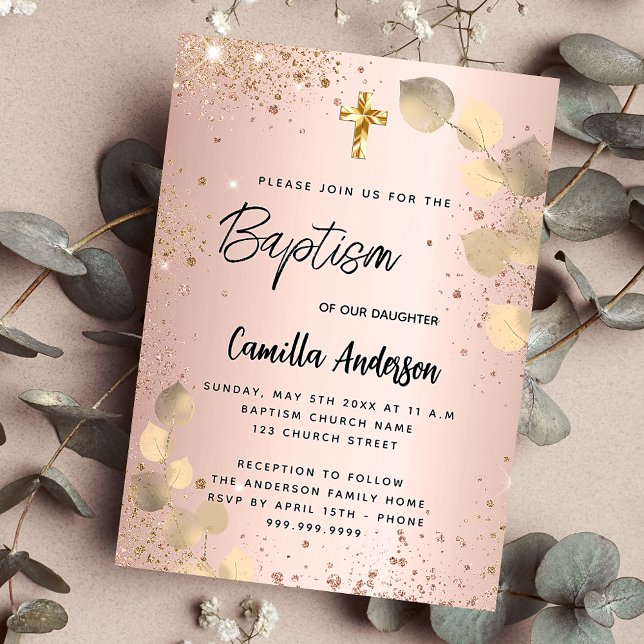Baptism  eukalyptus guld glitter inbjudan vykort (Skapare uppladdad)