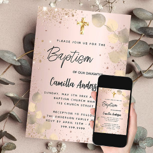 Baptism  eukalyptus guld glitter inbjudningar