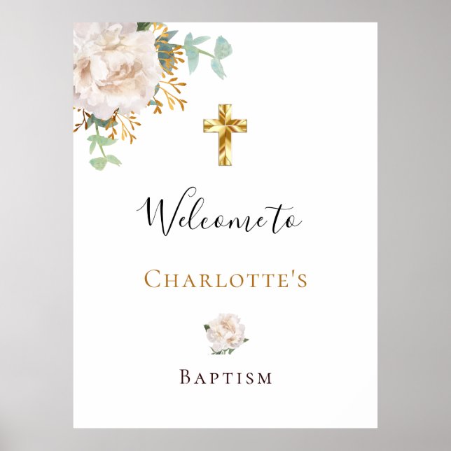 Baptism: eukalyptus vit blommigt guld kor välkomme poster (Framsidan)