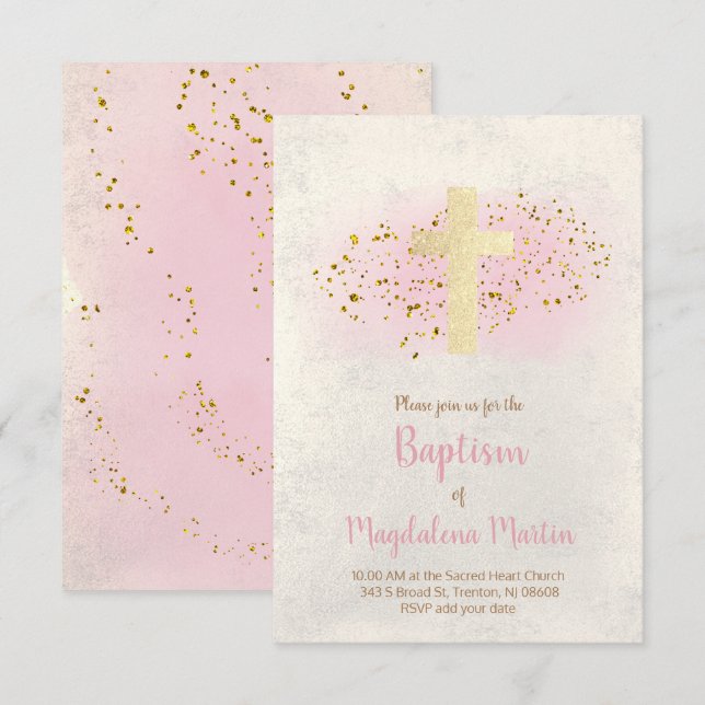 Baptism | FAUX glitter och rosa vattenfärg Inbjudningar (Fram/baksida)