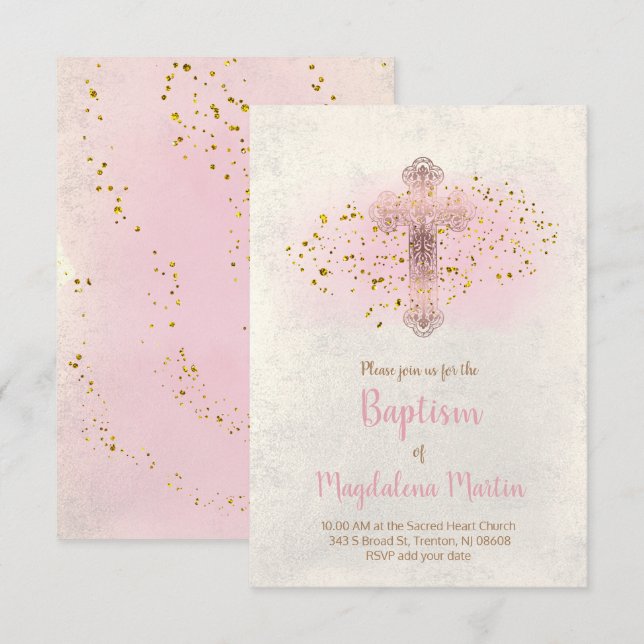 Baptism FAUX glitter och rosa vattenfärg Inbjudningar (Fram/baksida)