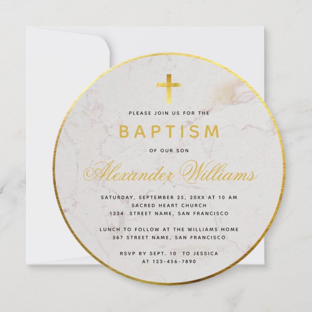 Baptism Faux Gold Foil Marble Calligraphy Round Inbjudningar (Framsida)