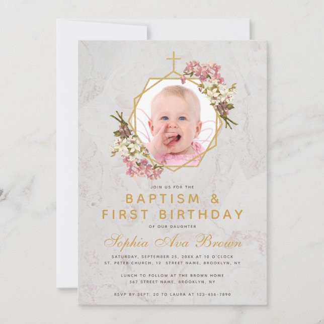 Baptism First Birthday Girl Photo Rosa Orchids Inbjudningar (Framsida)