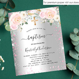 Baptism Flicka silver rosa blommigt glitter inbjud