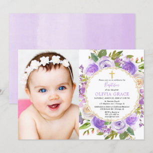 Baptism Flickans blommigt lila lavender lilaxfoto Inbjudningar