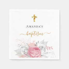 Baptism Flickans rosa blommigt, vit elegant namn Pappersservett