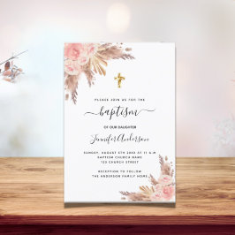 Baptism Flickpampas gräs ro guld  rosa Inbjudningar