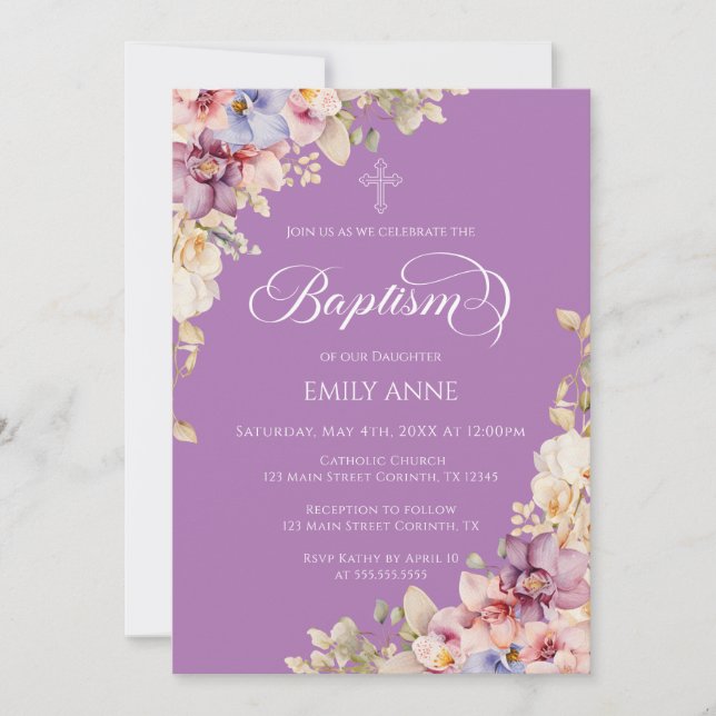 Baptism Floral Orchids purple Invitation Inbjudningar (Framsida)