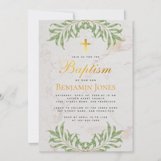 Baptism Foliage Faux Guld Kor Calligraphy Marble Inbjudningar (Framsida)