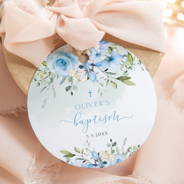 Baptism för blå blommigt pojke-märken gåvor etiketter (Skapare uppladdad)