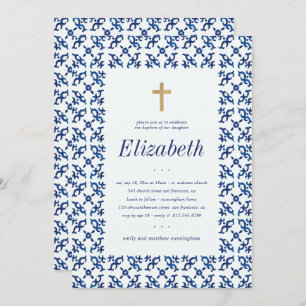 Baptism för hennes blå och vita Medelhavsbrickor Inbjudningar