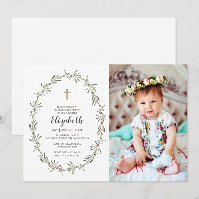 Baptism för hennes Grönt för vattenfärg Inbjudningar (Fram/baksida)