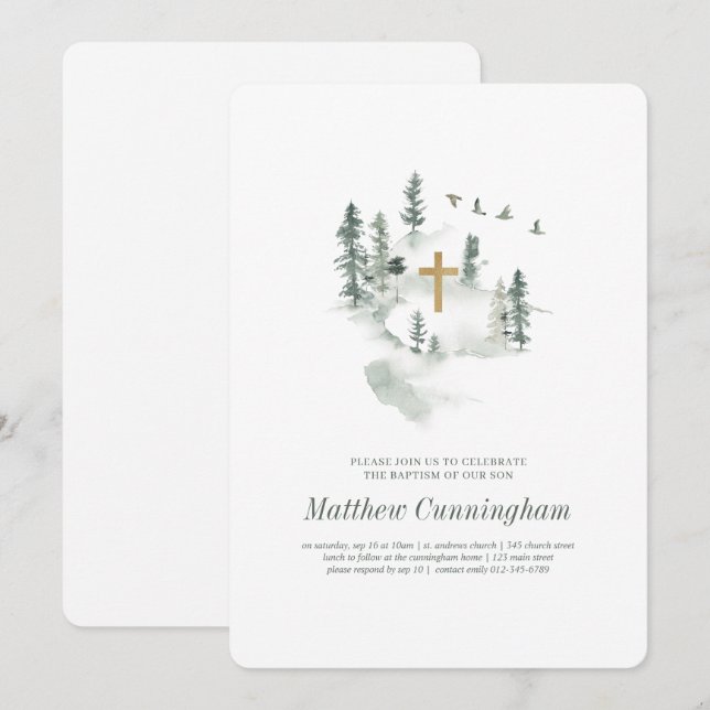 Baptism för honom | Botaniskt foto med modern Eleg Inbjudningar (Fram/baksida)