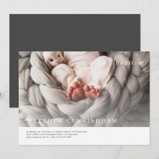 Baptism för honom | Foto för modern enkel Elegant Inbjudningar (Fram/baksida)