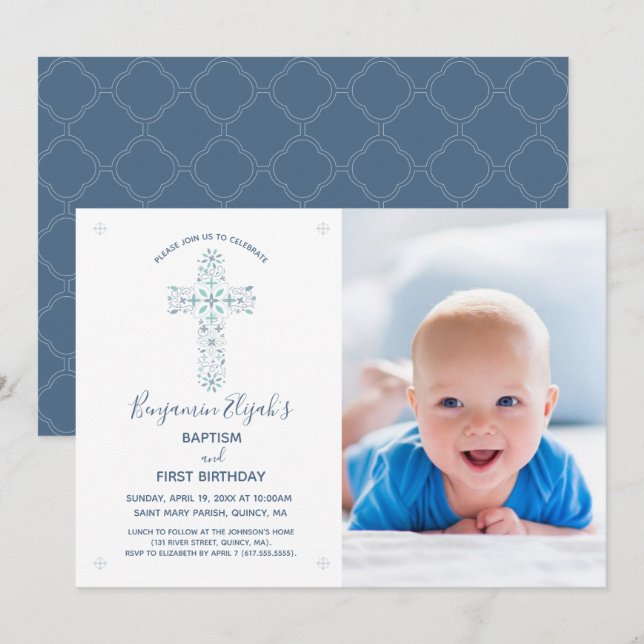 Baptism - första födelsedag, foto och Kor Inbjudningar (Fram/baksida)