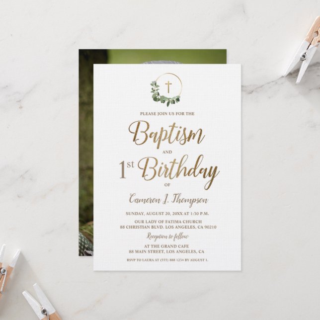 Baptism första födelsedag Fotoandedräkt Guld Kor Inbjudningar (Fram/Back In Situ)