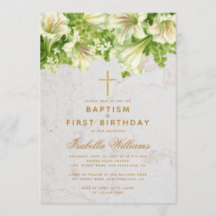 Baptism Första födelsedag Lilies Marble Guld Kor Inbjudningar