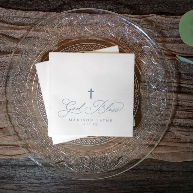 Baptism Första kommunfullmäktige Dusty Blue Välsig Pappersservett (Dusty blue God Bless baptism napkins with cross—personalized for a soft, elegant celebration.)