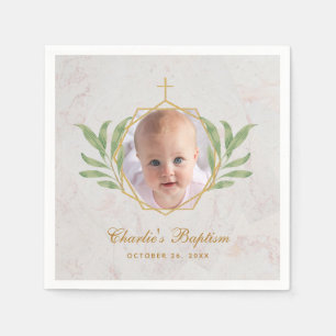 Baptism Foto Botanical Löv Foliage Guld Marble Pappersservett
