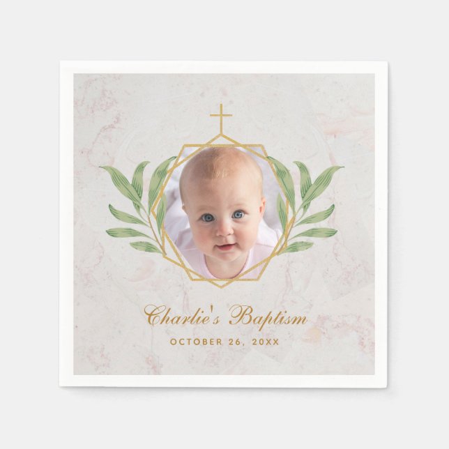 Baptism Foto Botanical Löv Foliage Guld Marble Pappersservett (Framsidan)