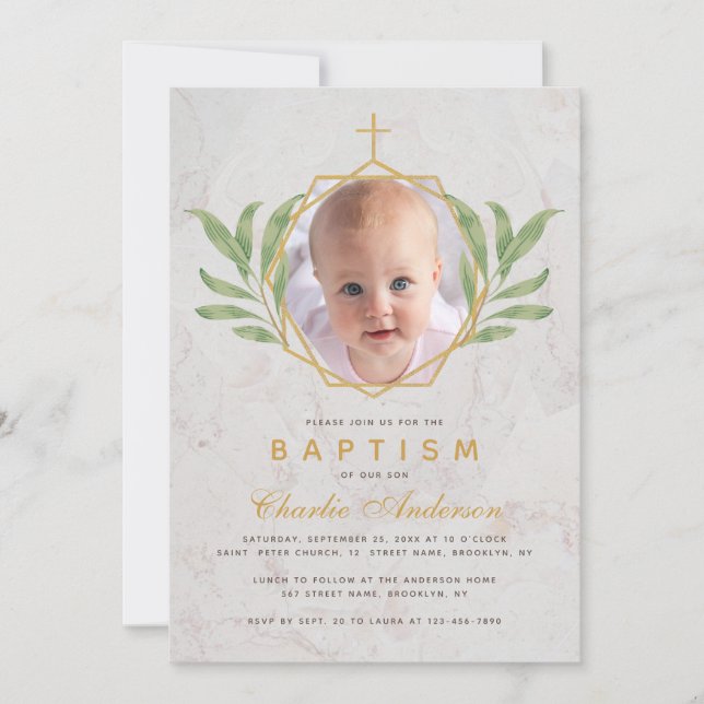 Baptism Foto botaniskt Geometric Löv Foliage Inbjudningar (Framsida)