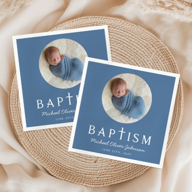 Baptism-foto för Kor i blå Religiösa Pappersservett (Blue Script Religious Cross Baptism Photo Napkins)