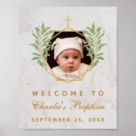 Baptism Foto Greenery Marble Guld Välkomstecken Poster