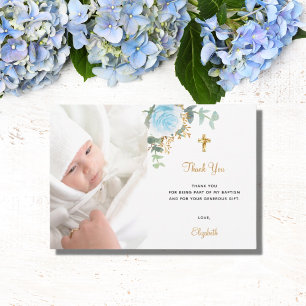 Baptism fotoblå blommigt pojke guld tack kort