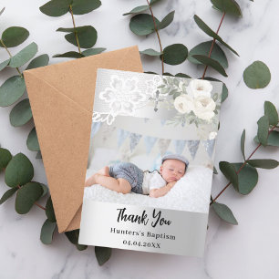 Baptism-fotokort för vit blommigt i silver inbjudningar