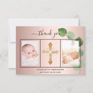 Baptism-fototack för ro-guld-eucalyptus tack kort