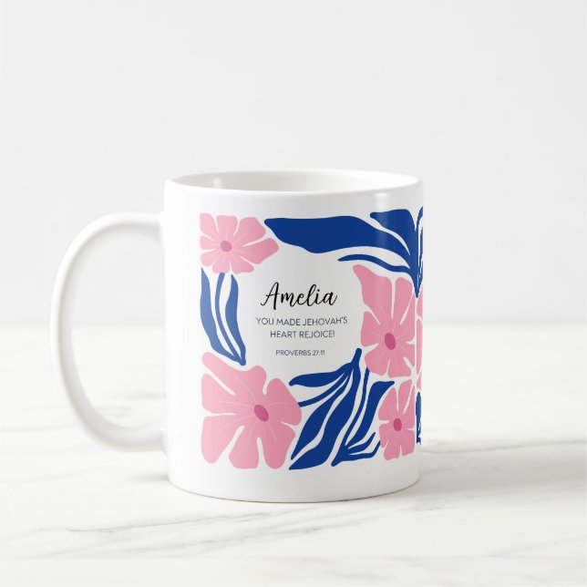 Baptism Gift Rosa Blue Abstrakt Blommigt JW Mugg (Vänster)