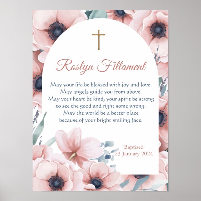 Baptism Girl Big Rosa Flowers Around Gräns Poster (Framsidan)