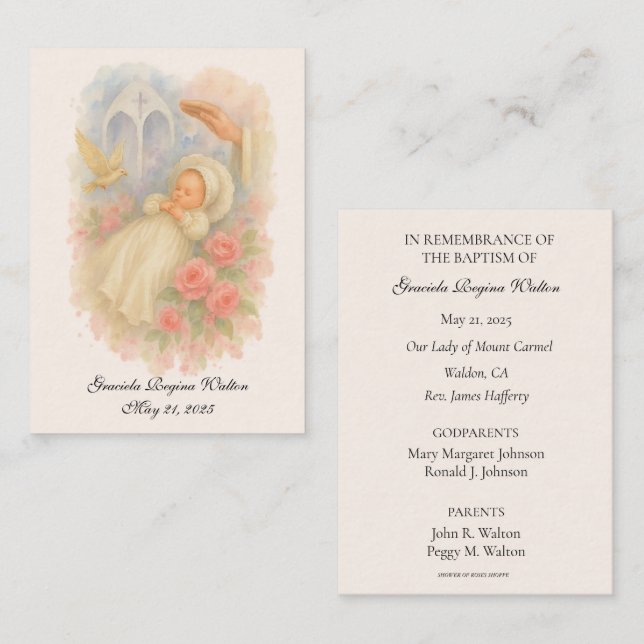 Baptism Girl Blommigt Rosa Memory Heliga Card Visitkort (Fram/baksida)