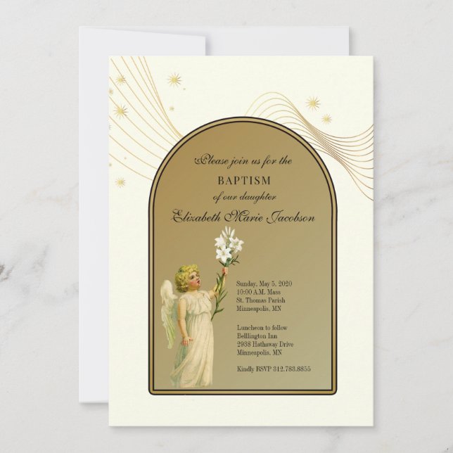 Baptism Girl eller Boy Guld Angel Inbjudningar (Framsida)