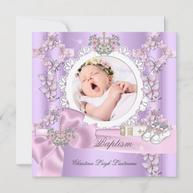 Baptism Girl Lilac Rosa White Photo Christening Inbjudningar (Framsida)