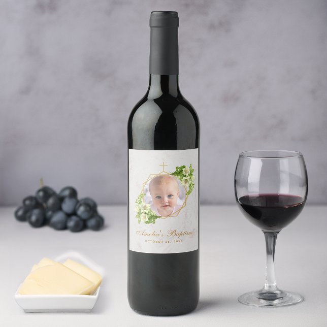 Baptism Girl Photo Blommigt Marble Guld White Lili Vinflaska Etikett (Skapare uppladdad)